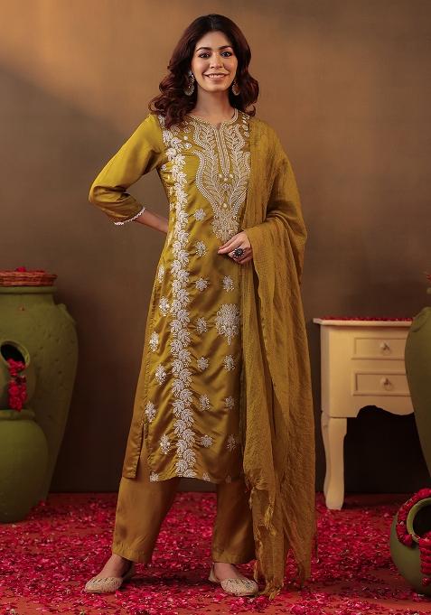 Olive Chikankari Chanderi Silk Kurta Set With Dupatta
