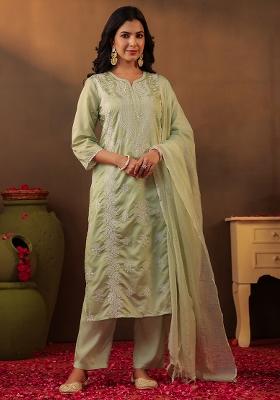 Pista Green Chikankari Chanderi Silk Kurta Set With Dupatta