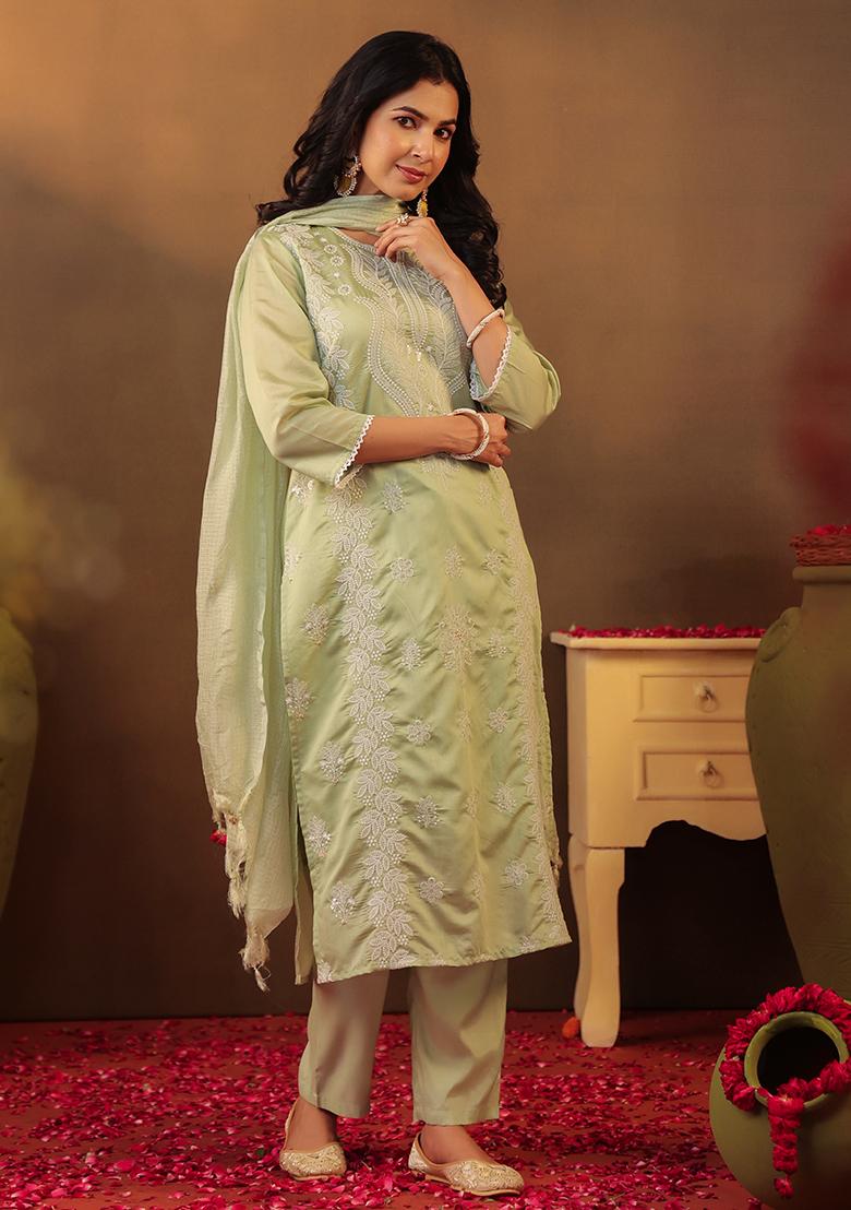Pista Green Chikankari Chanderi Silk Kurta Set With Dupatta - Indya