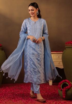 Powder Blue Chikankari Chanderi Silk Kurta Set With Dupatta