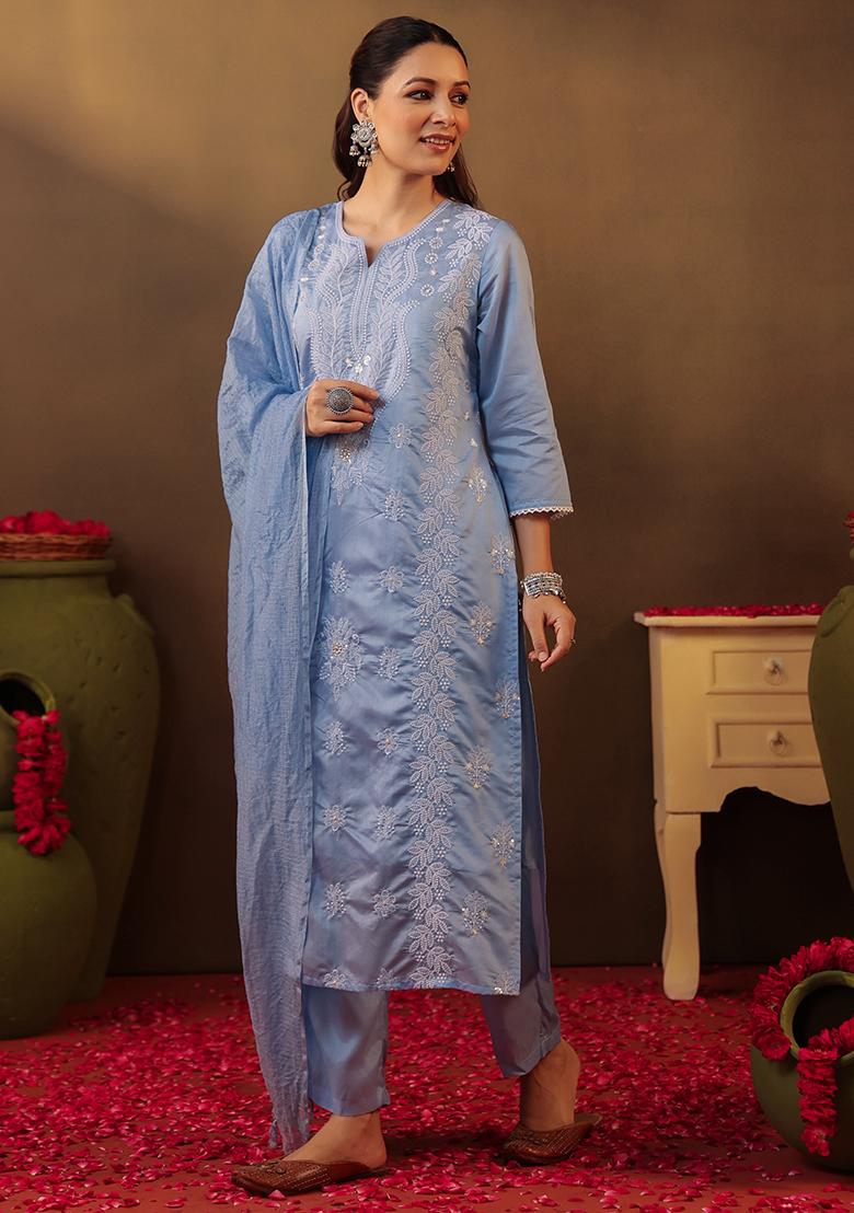 Powder Blue Chikankari Chanderi Silk Kurta Set With Dupatta - Indya