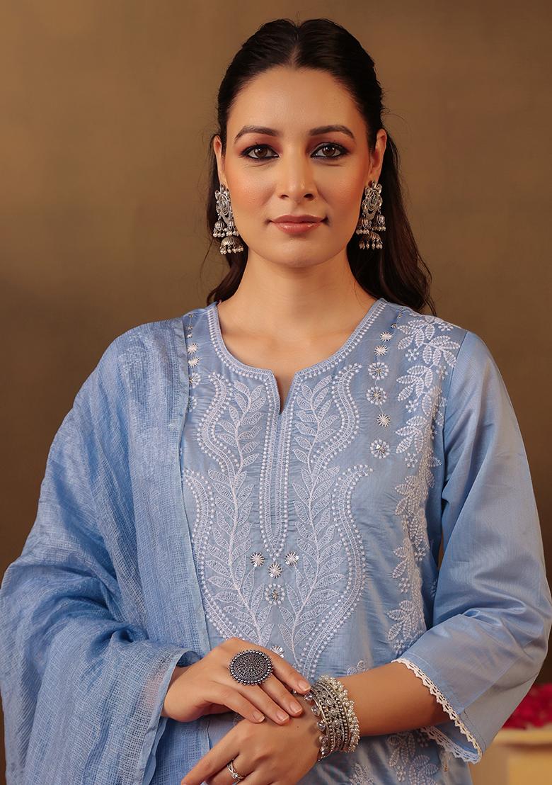 Powder Blue Chikankari Chanderi Silk Kurta Set With Dupatta - Indya