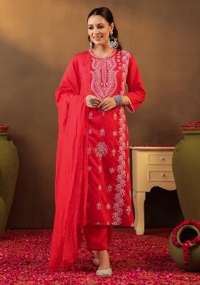 Red Chikankari Chanderi Silk Kurta Set With Dupatta