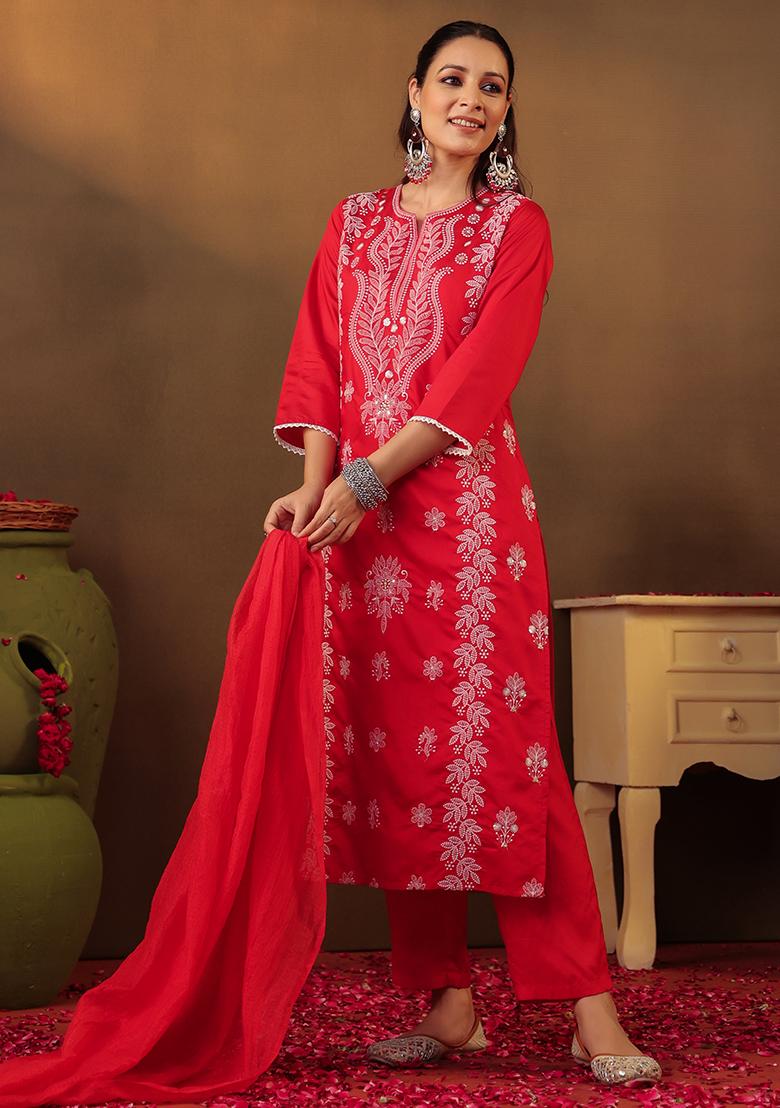 Red Chikankari Chanderi Silk Kurta Set With Dupatta - Indya