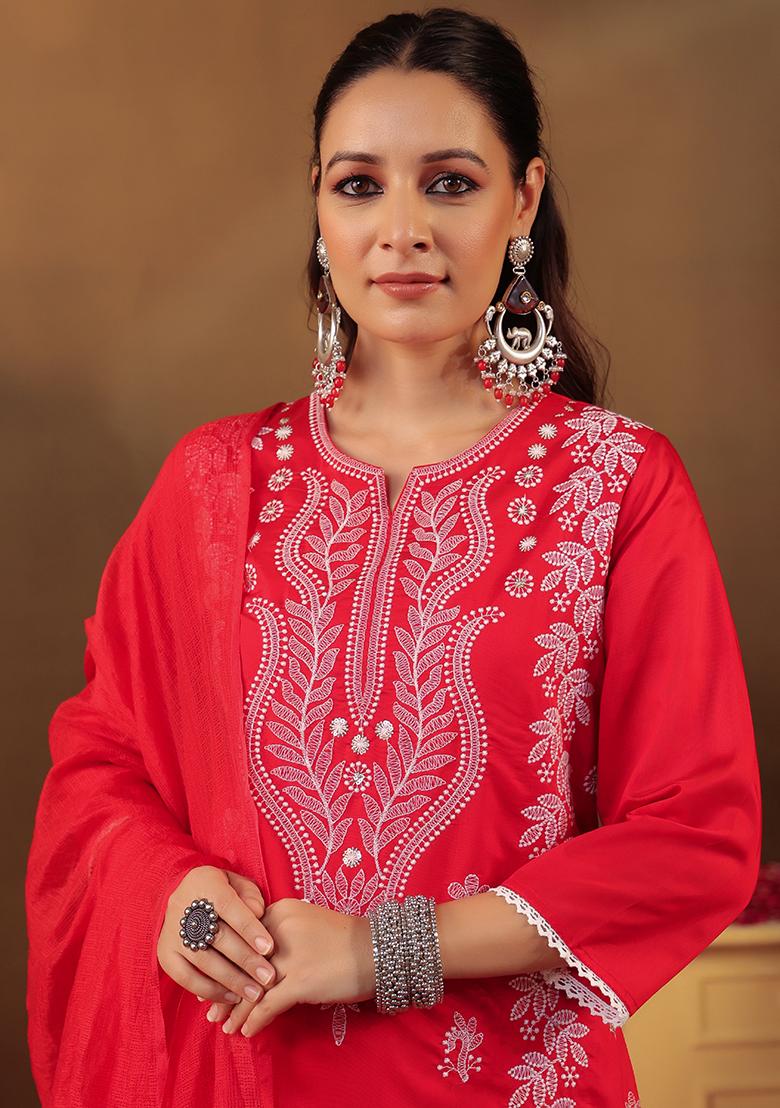 Red Chikankari Chanderi Silk Kurta Set With Dupatta - Indya