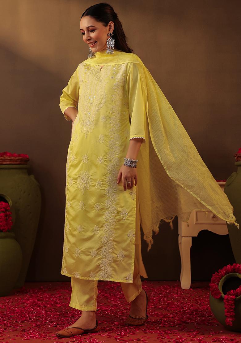 Yellow Chikankari Chanderi Silk Kurta Set With Dupatta - Indya
