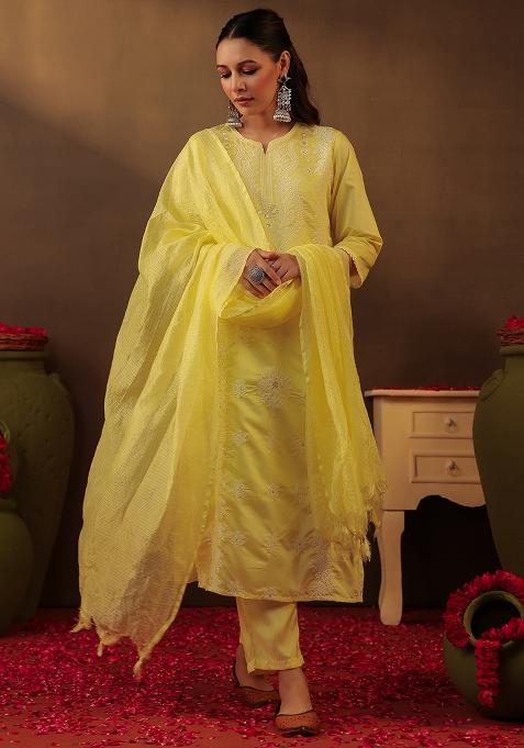 Yellow Chikankari Chanderi Silk Kurta Set With Dupatta