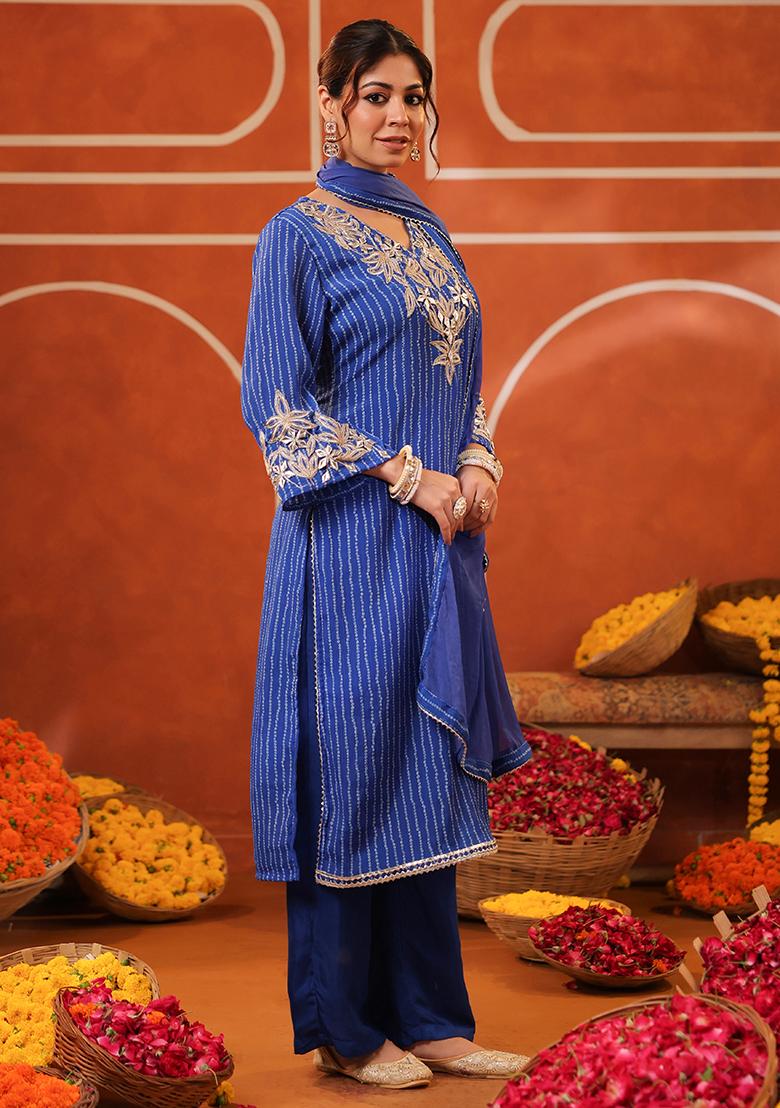 Blue Embroidered Chinon Silk Kurta Set With Dupatta - Indya