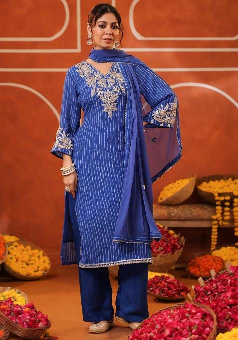 Blue Embroidered Chinon Silk Kurta Set With Dupatta