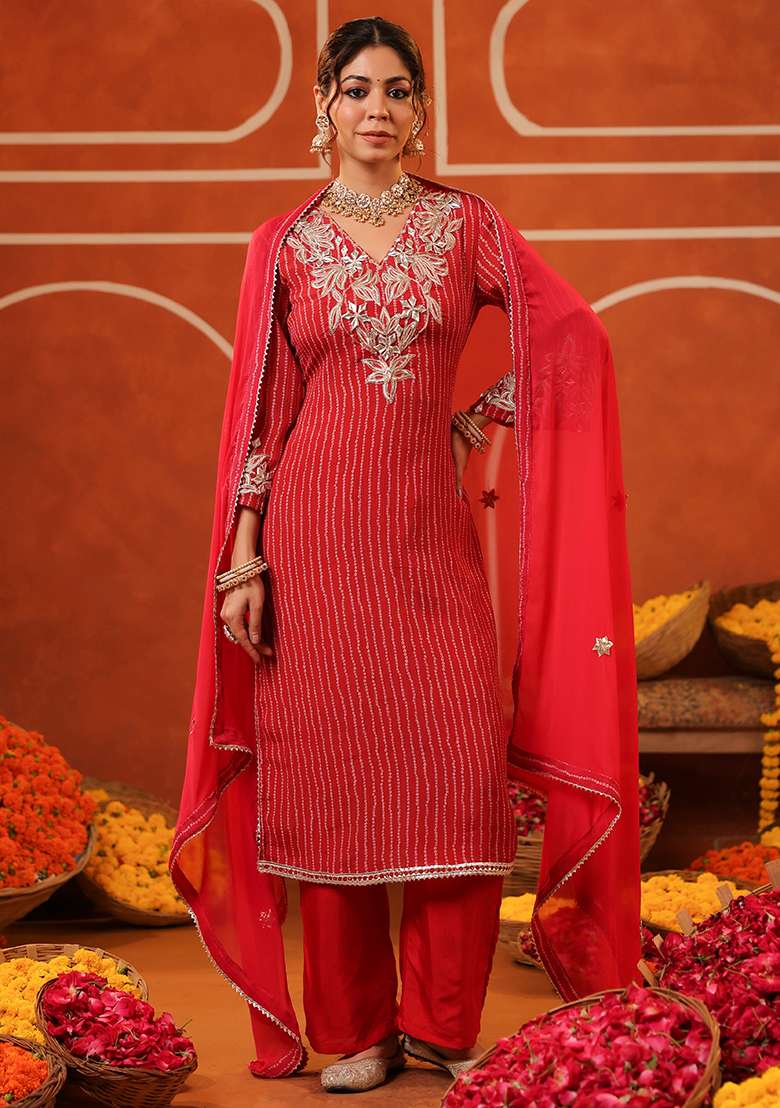 Red Embroidered Silk Blend Straight Kurta Set - Indya