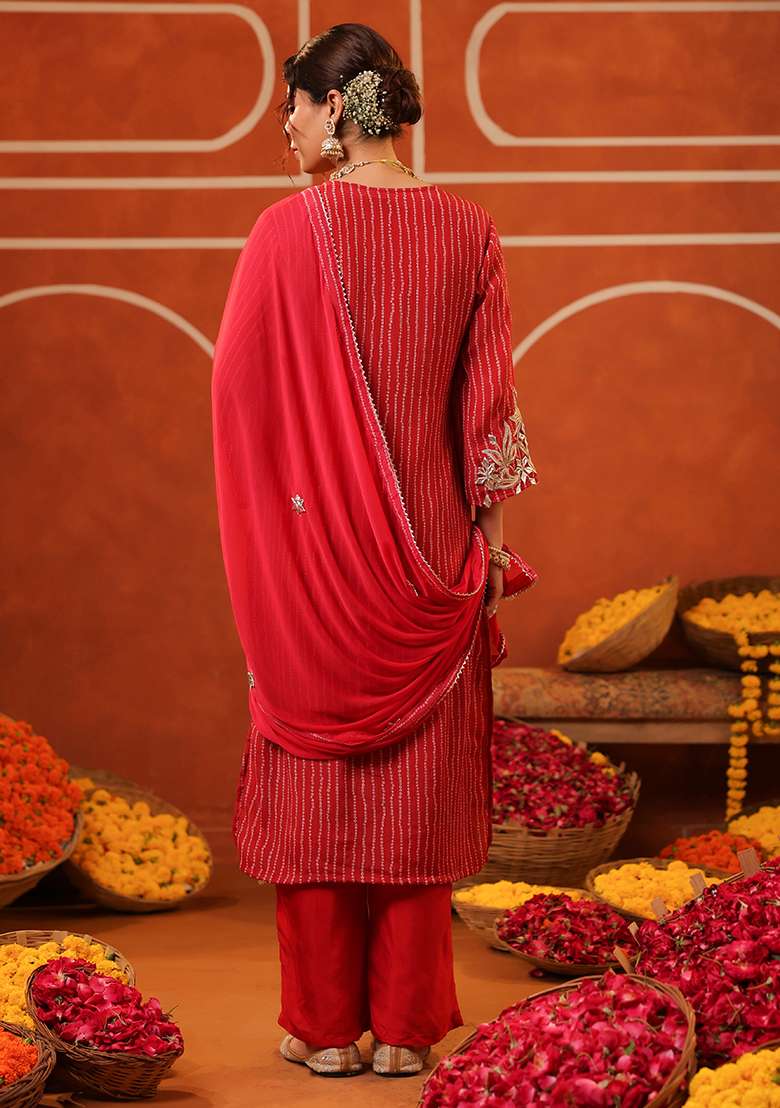 Red Embroidered Silk Blend Straight Kurta Set - Indya
