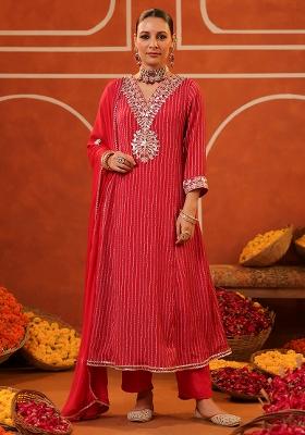 Hot Pink Embroidered Chinon Silk Anarkali Set With Dupatta