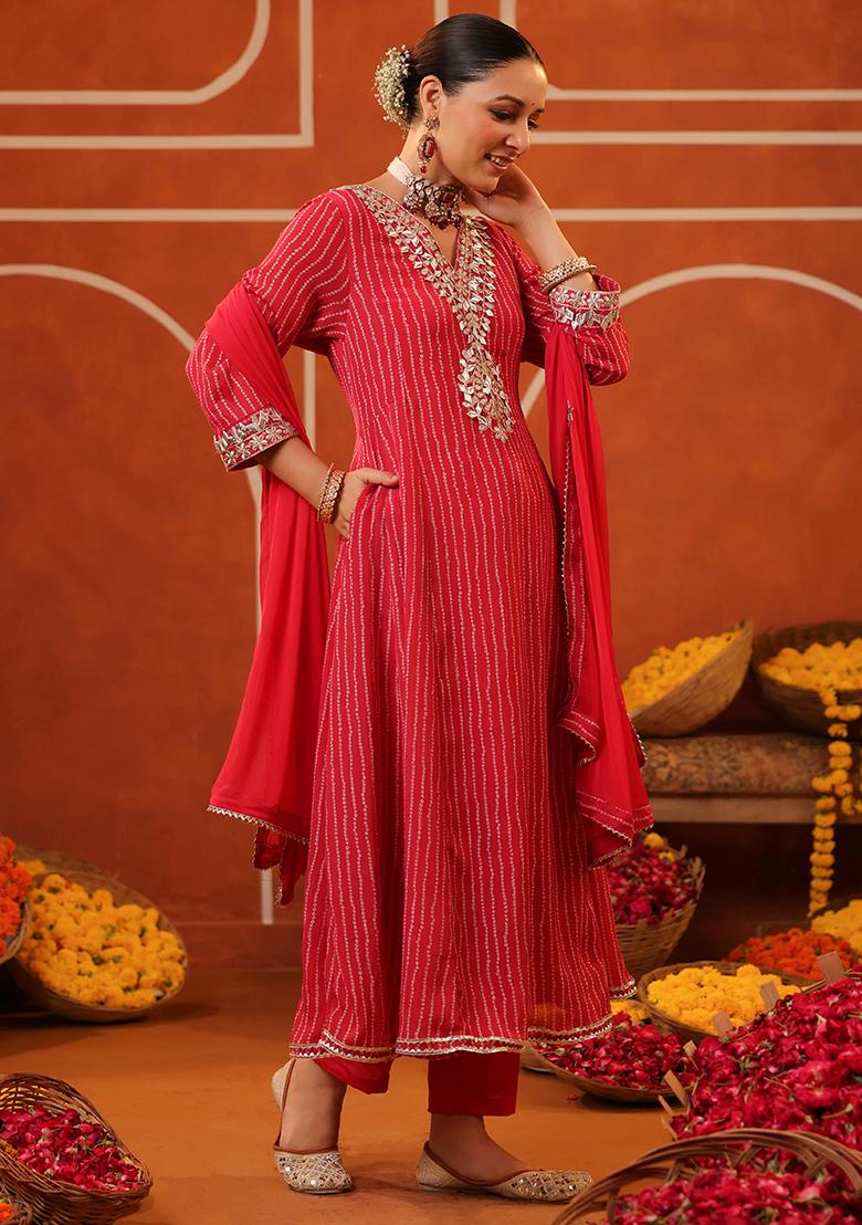 Hot Pink Embroidered Chinon Silk Anarkali Set With Dupatta - Indya