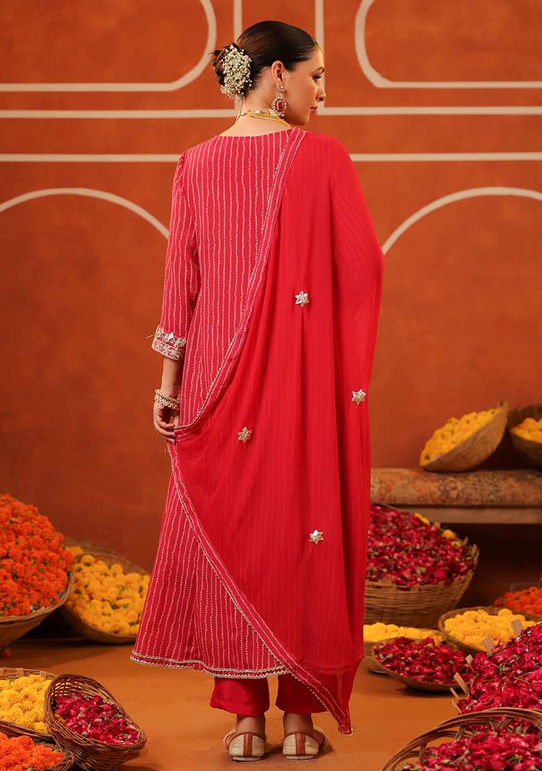 Hot Pink Embroidered Chinon Straight Kurta Set - Indya