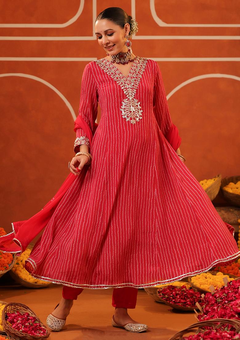 Hot Pink Embroidered Chinon Silk Anarkali Set With Dupatta - Indya