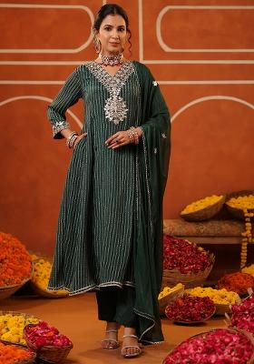Jade Green Embroidered Chinon Silk Anarkali Set With Dupatta