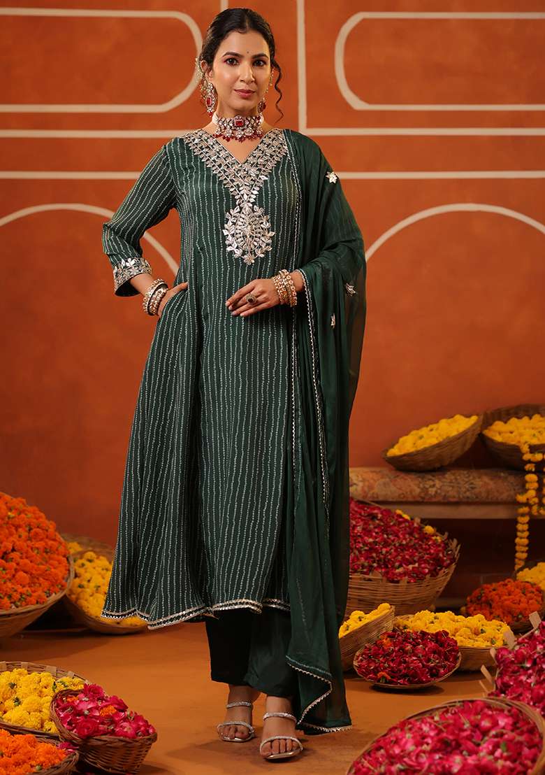 Jade Green Striped Chinon Anarkali With Dupatta - Indya