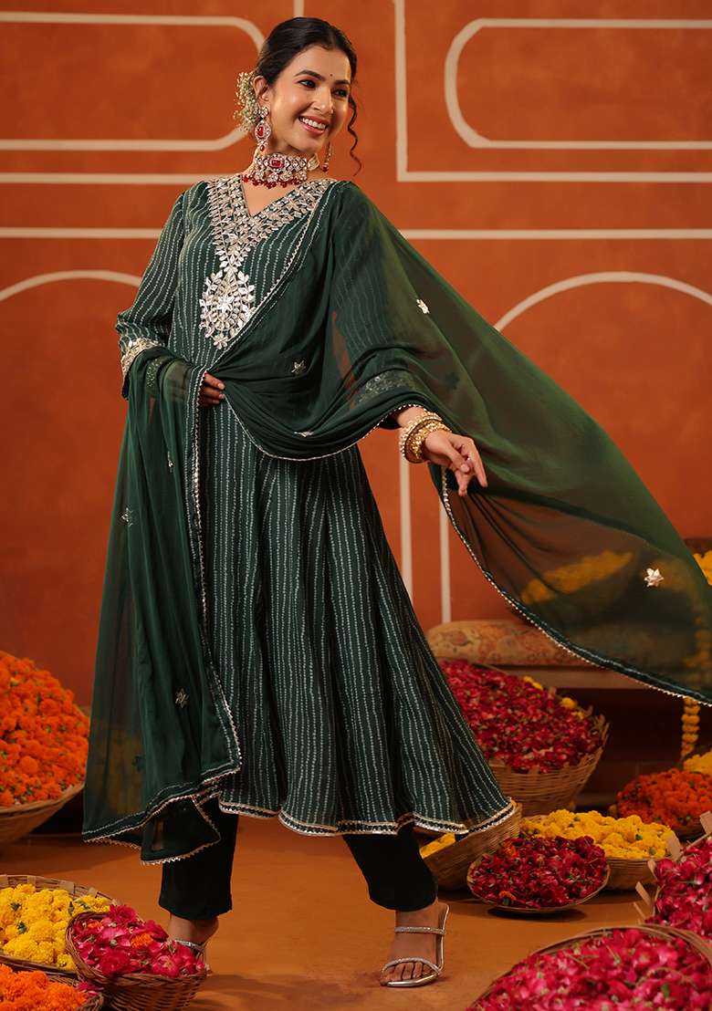 Jade Green Striped Chinon Anarkali With Dupatta - Indya