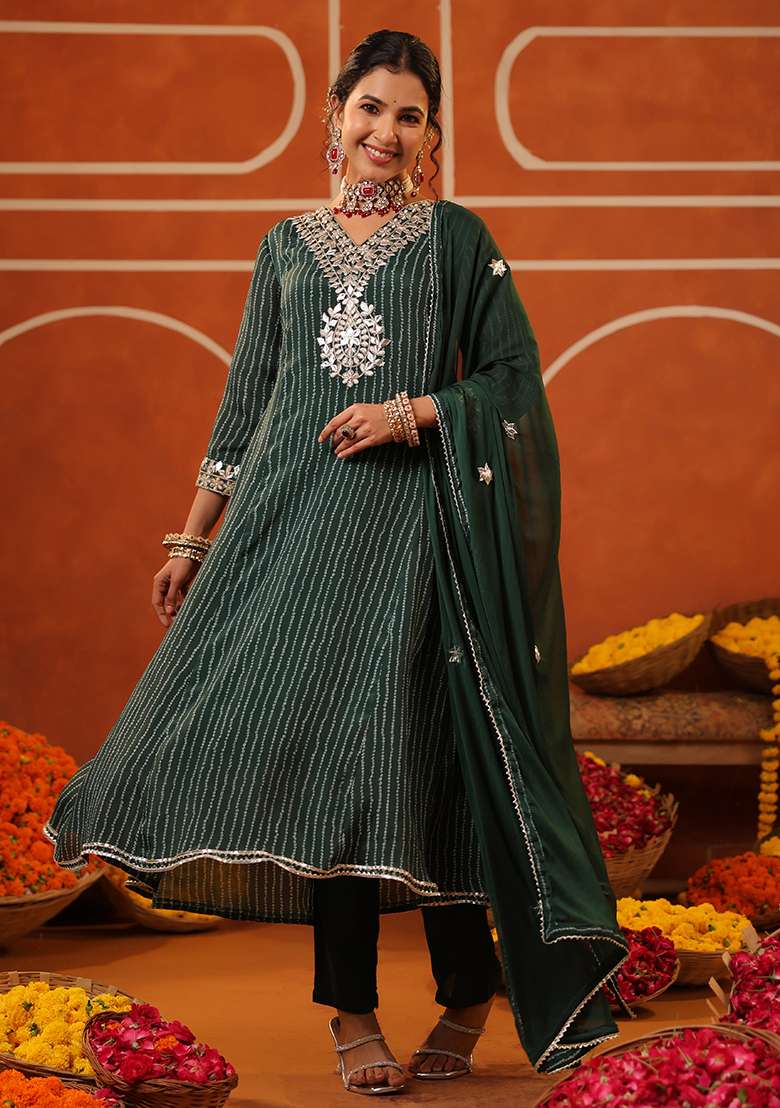 Jade Green Striped Chinon Anarkali With Dupatta - Indya
