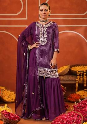 Purple Embroidered Chinon Silk Sharara Set With Dupatta