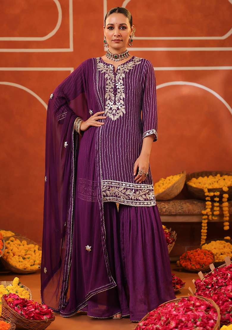 Purple Embroidered Silk Sharara Set - Indya