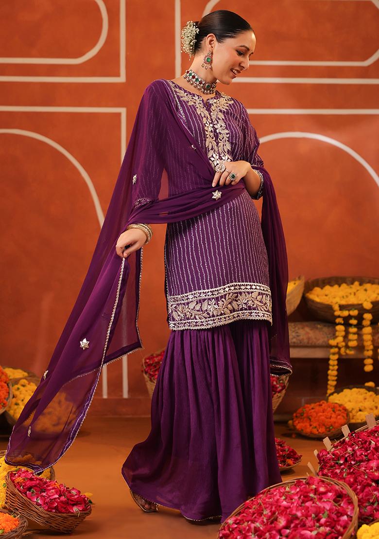 Purple Embroidered Chinon Silk Sharara Set With Dupatta - Indya