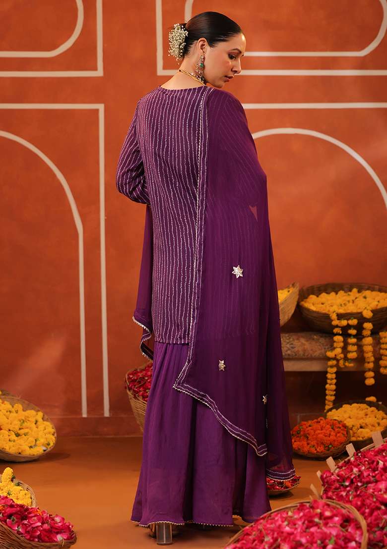 Purple Embroidered Silk Sharara Set - Indya
