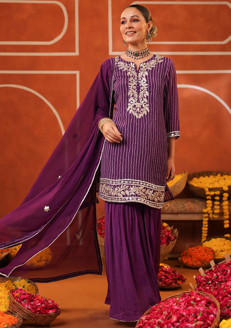 Purple Embroidered Chinon Silk Sharara Set With Dupatta - Indya