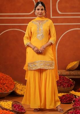 Yellow Embroidered Chinon Silk Sharara Set With Dupatta