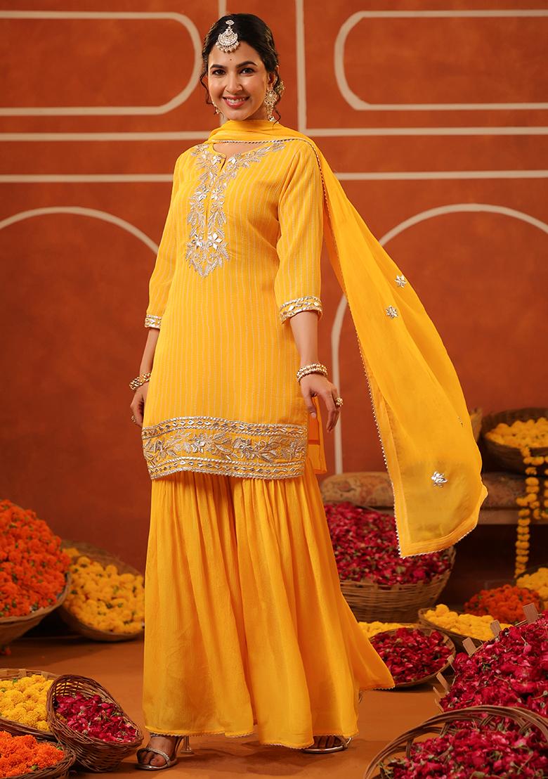 Yellow Embroidered Chinon Silk Sharara Set With Dupatta - Indya