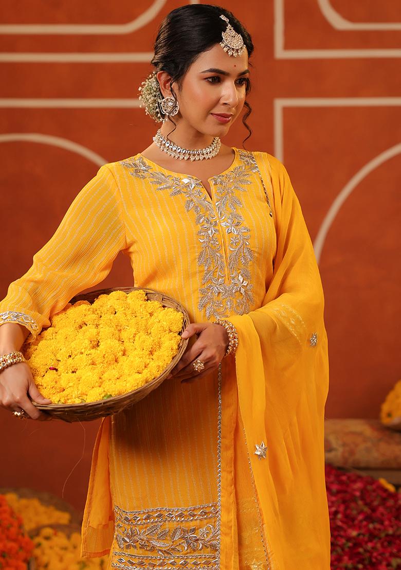 Yellow Embroidered Chinon Silk Sharara Set With Dupatta - Indya