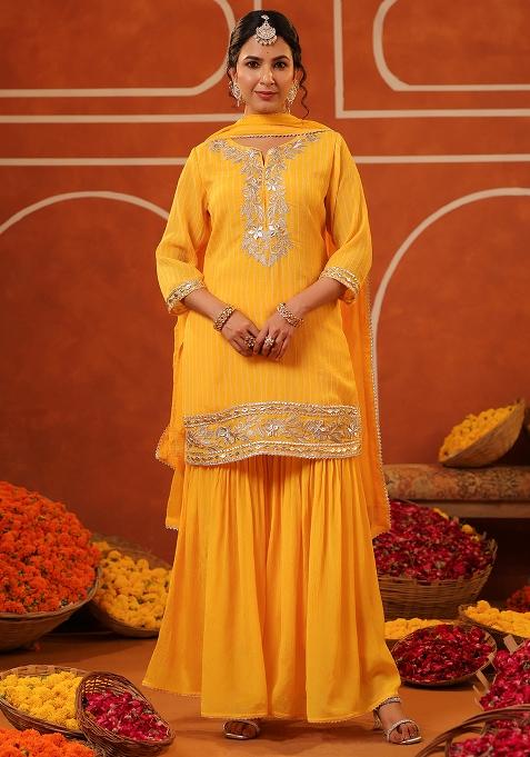 Yellow Embroidered Chinon Silk Sharara Set With Dupatta
