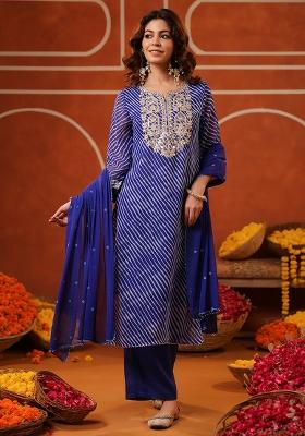 Blue Embroidered Georgette Kurta Set With Dupatta