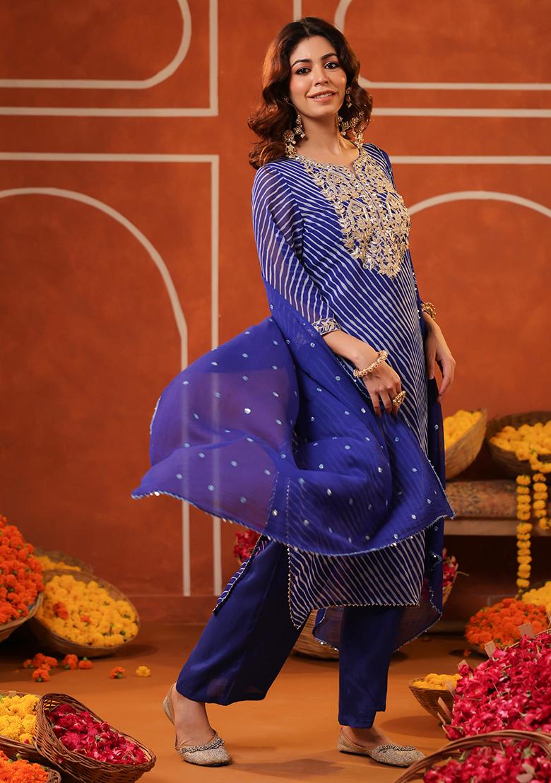 Blue Embroidered Georgette Kurta Set With Dupatta - Indya