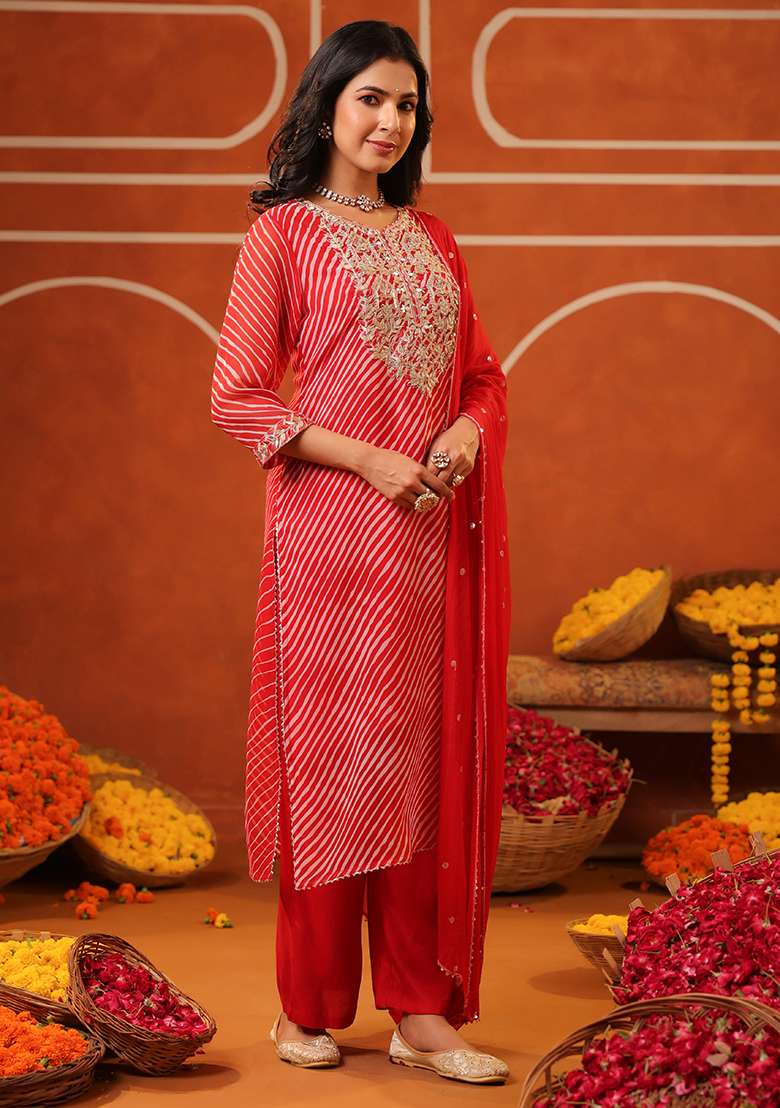 Red Striped Georgette Punjabi Suit - Indya
