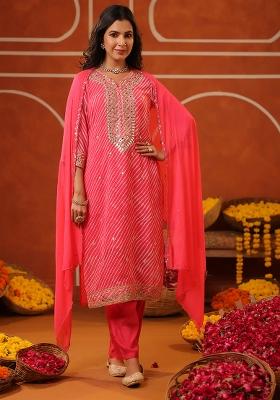Coral Embroidered Georgette Kurta Set With Dupatta