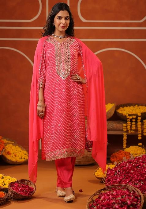 Coral Embroidered Georgette Kurta Set With Dupatta