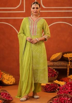 Lime Green Embroidered Georgette Anarkali Set With Dupatta