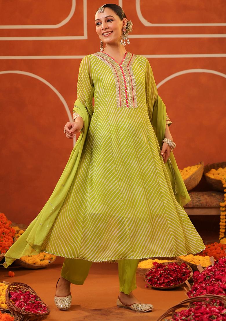 Lime Green Embroidered Georgette Anarkali Set With Dupatta - Indya