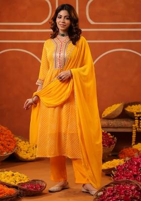 Mustard Embroidered Georgette Anarkali Set With Dupatta