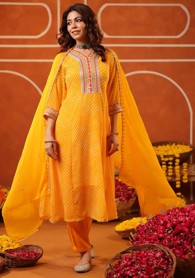 Mustard Striped Georgette Straight Kurta Set - Indya