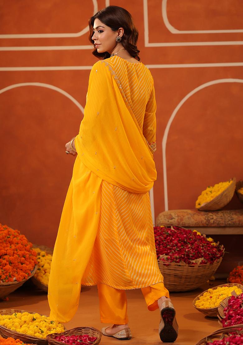 Mustard Embroidered Georgette Anarkali Set With Dupatta - Indya