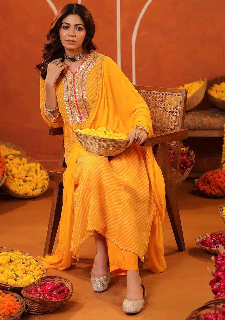 Mustard Striped Georgette Straight Kurta Set - Indya
