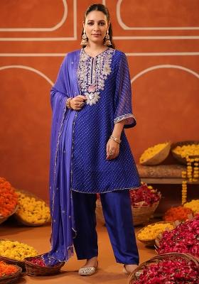 Blue Embroidered Georgette Anarkali Set With Dupatta