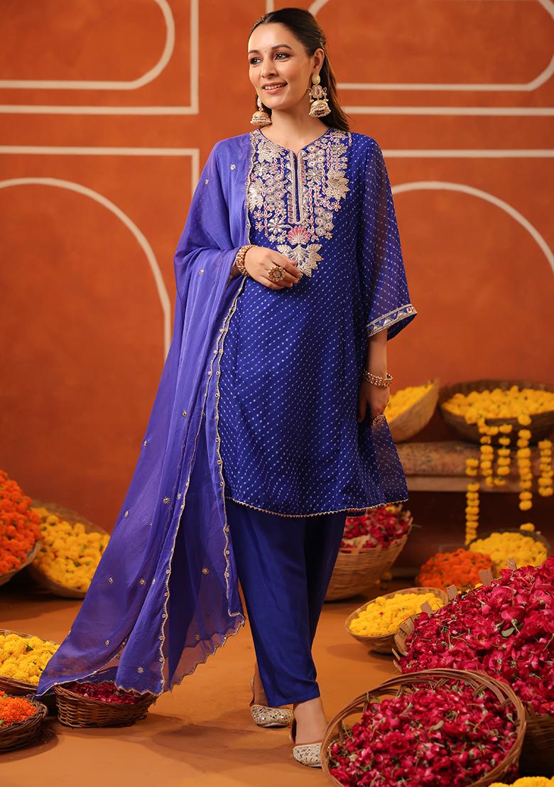 Blue Embroidered Georgette Anarkali Set With Dupatta - Indya