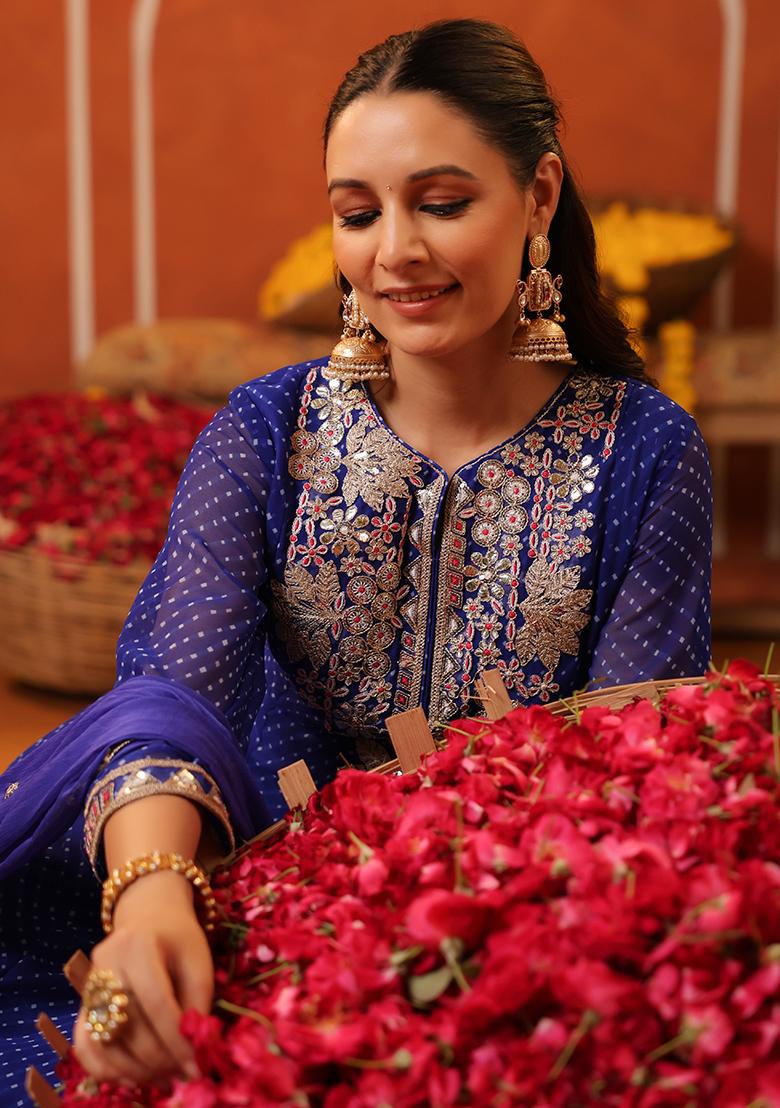 Blue Embroidered Georgette Anarkali Set With Dupatta - Indya