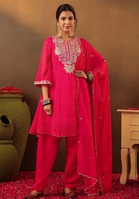 Fuchsia Embroidered Georgette Anarkali Set With Dupatta
