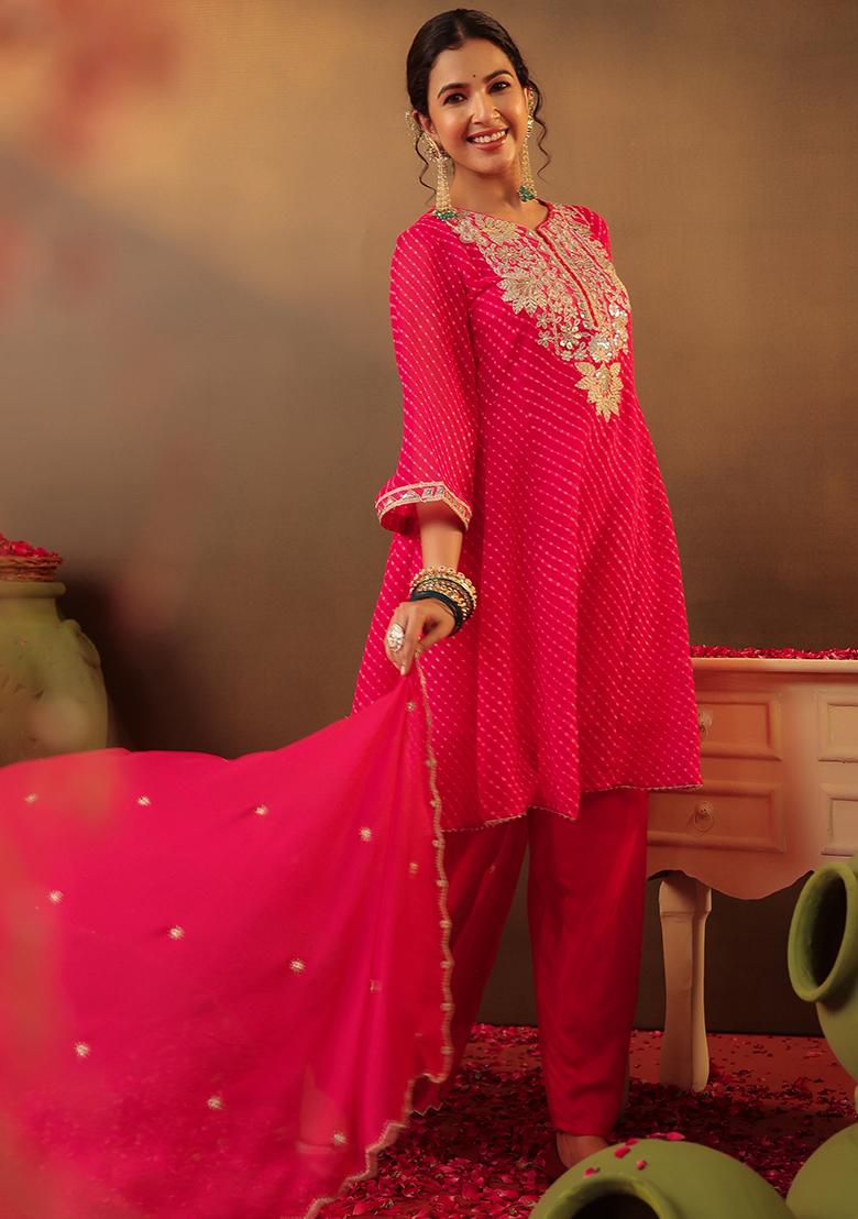 Fuchsia Embroidered Georgette Anarkali Set With Dupatta - Indya