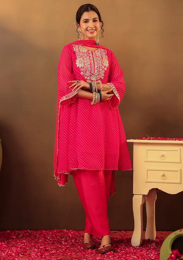 Fuchsia Embroidered Georgette Anarkali Set With Dupatta - Indya