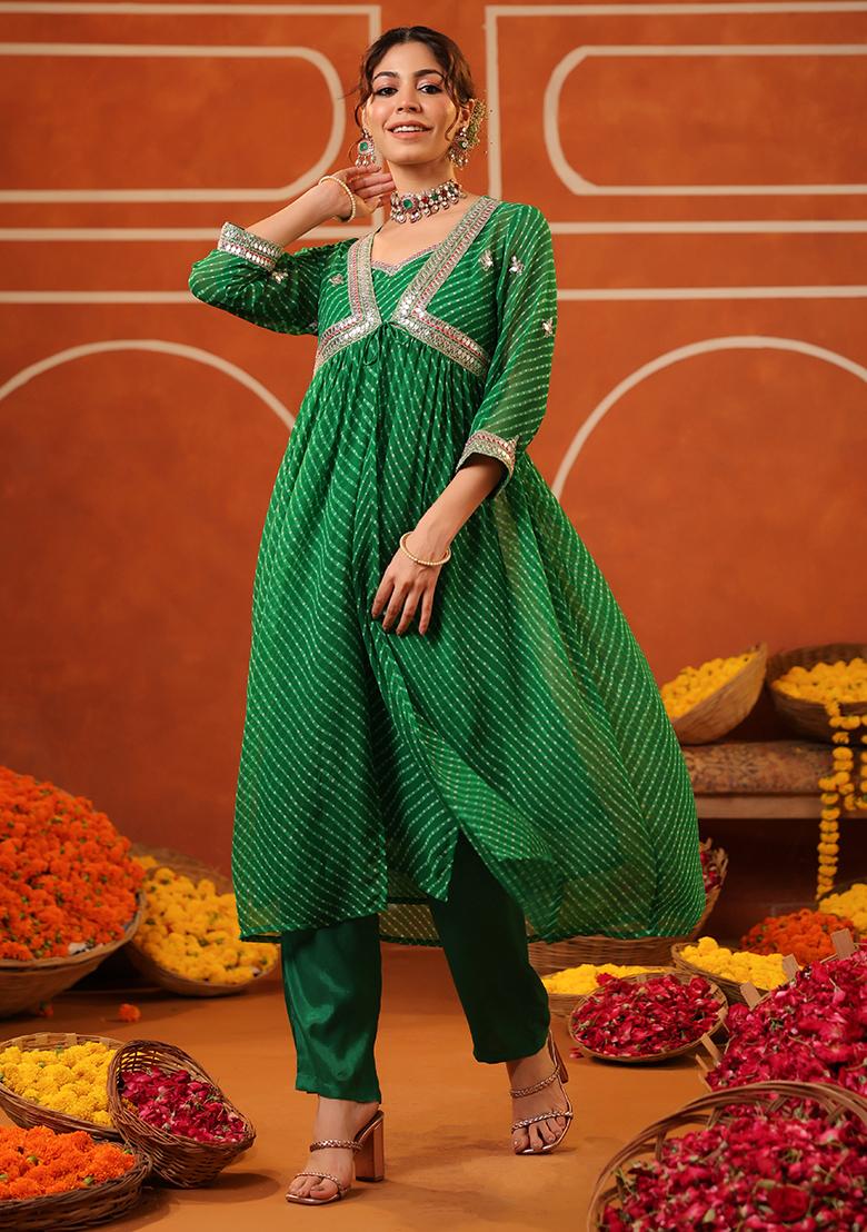 Bottle Green Embroidered Georgette Salwar Suit With Jacket - Indya